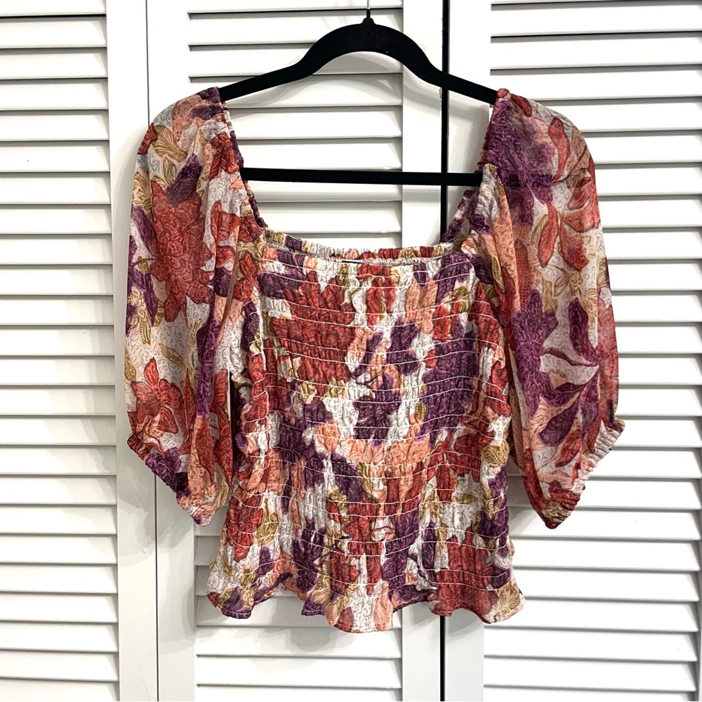 Old Navy Sz S Autumn Fall Leaves Floral Blouse Fitted Puff-Sleeve Smocked Top